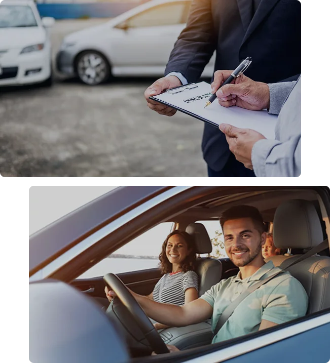 A person signs a document beside parked cars in the top image; in the bottom, a smiling man and woman sit in the front seats, ready to drive—enjoying peace of mind with Casillas Insurance Services in Katy TX.
