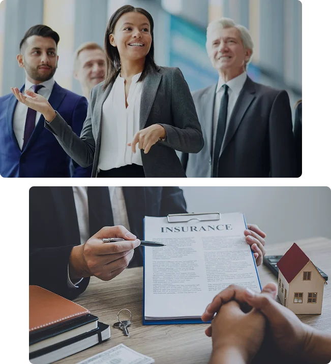 A diverse group of business professionals stands together, smiling. Below, a person from Casillas Insurance in Katy, TX reviews an insurance document with another individual at a desk, alongside a small model house and paperwork.
