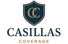 A dark blue and gold shield logo with overlapping letters CC above the words CASILLAS INSURANCE in large text, highlighting insurance services in Katy TX, with COVERAGE in smaller gold text underneath.