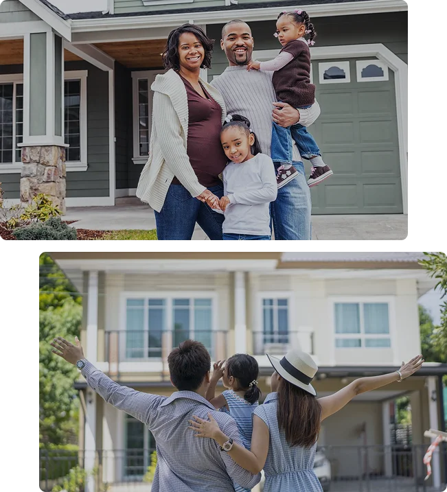 Two families stand happily in front of their new homes. The first image shows a family of four smiling at the camera, while the second features a family of three in Katy Tx celebrating with arms raised—protected by Casillas Insurance services.